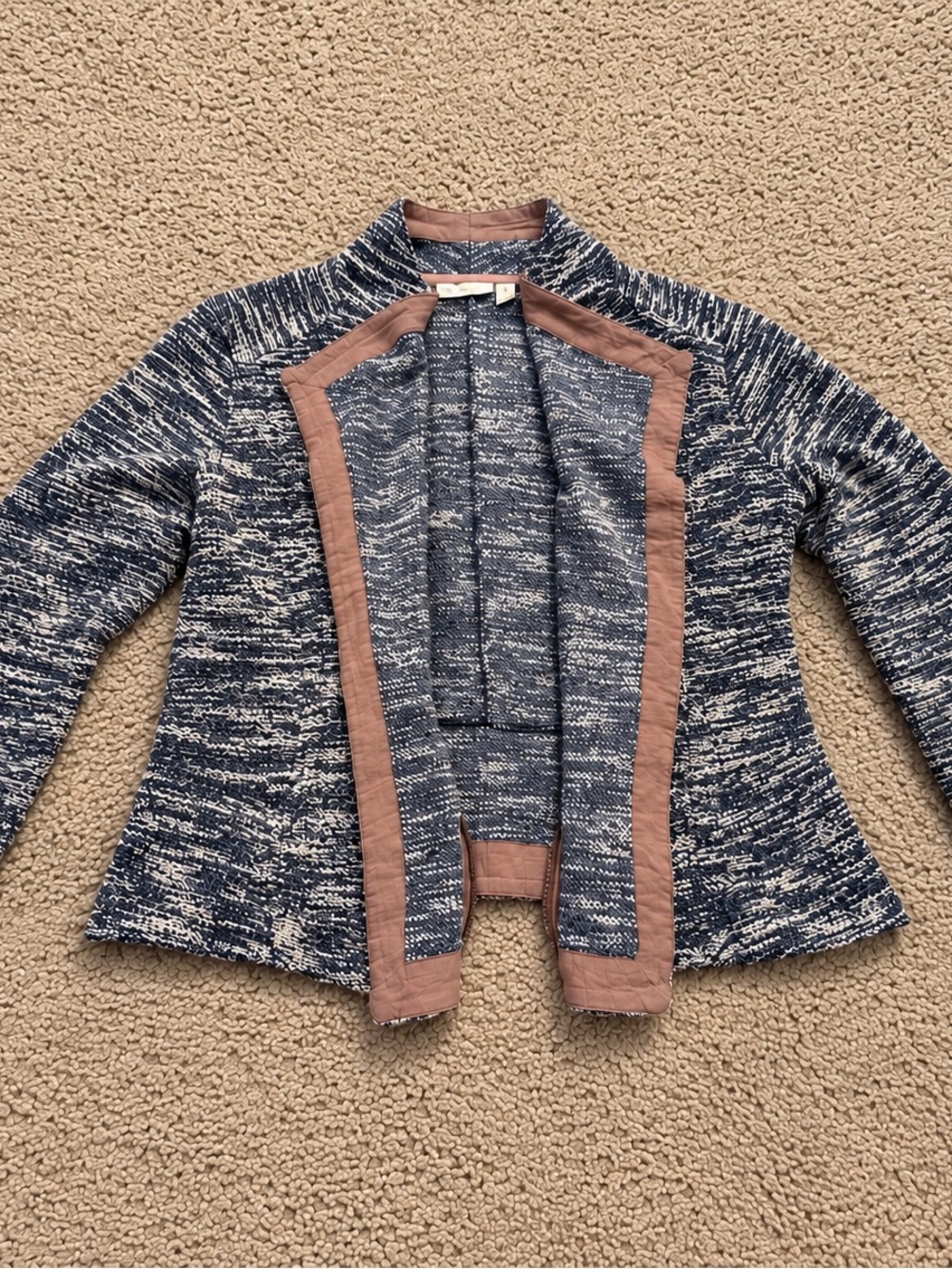 Navy Marled Open-Front Cardigan with Taupe Trim